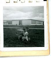 Debbie & our cat Smokey on front lawn