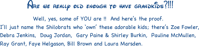 Are we really old enough to have grandkids?!!!
                  Well, yes, some of YOU are !!  And here’s the proof.  
I’ll just name the Shilobrats who ‘own’ these adorable kids; there’s Zoe Fowler,  Debra Jenkins,  Doug Jordan,  Gary Paine & Shirley Burkin,  Pauline McMullen,   Ray Grant, Faye Helgason, Bill Brown and Laura Marsden.